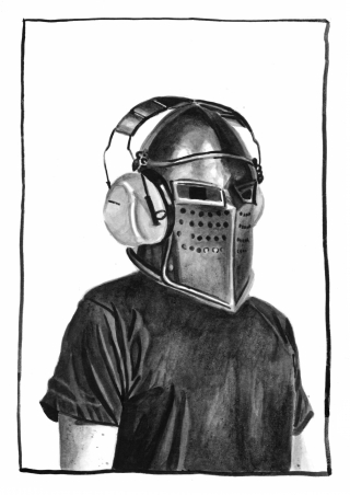 Person wearing helmet and headphones to protect hearing