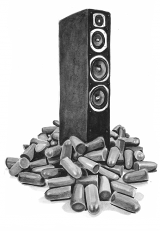 A giant speaker coming out of a pile of earplugs