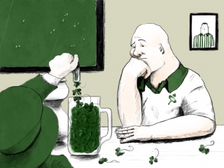 Leprechaun pours the clover instead the beer for sad man in the sport bar 