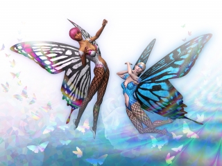 Two nymphs with butterfly wings flying in the air. 