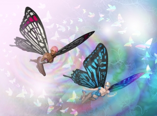 Two nymphs with butterfly wings flying in the air.