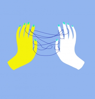 Yellow and white hand playing  a string game with a blue string.