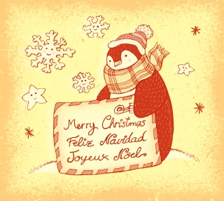 Penguin with Christmas card in winter