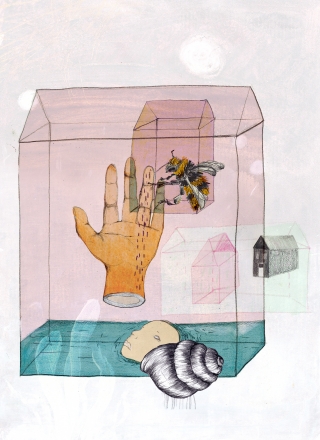 A bee on a hand in a house with water and a head