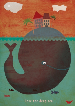 Whale under the sea with island and palms and house.jpg