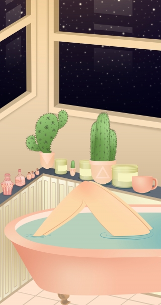 Woman taking a relaxing bath under the stars