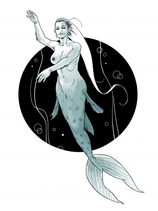 Realistic mermaid swims in dark waters