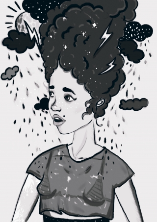 Girl with a head in clouds