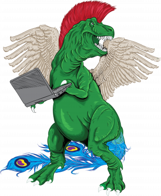 T-rex in costume holding computer