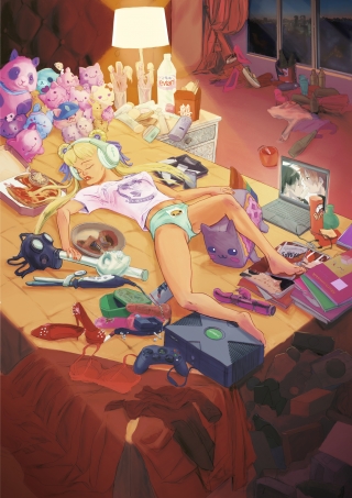 Declining Nude: A sexy spoiled brat lying on a bed littered with consumerist stuff 