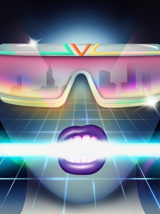 Women face in sunglasses in neon lights