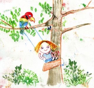 Little girl on a swing with a parrot