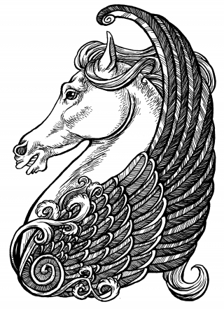 Line Drawing of Pegasus, the winged Horse of Greek Mythology, shown in a vignette style, showing the head, wing and ornaments in profile 