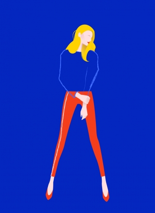 A shy woman with red lips standing on blue background 