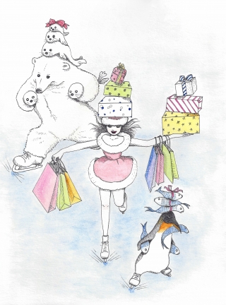 A girl, a polar bear and a penguin are Christmas shopping with ice skates. 