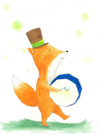 _Fox with drum, akvarel, kresba, A3, 2016.jpg