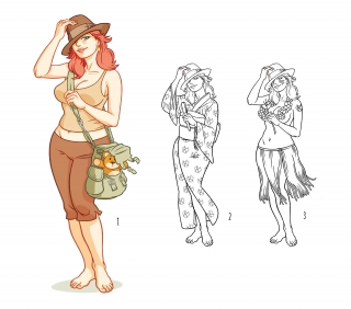 Adventurer girl - like Indiana Jones -with teddy bear (and variants)