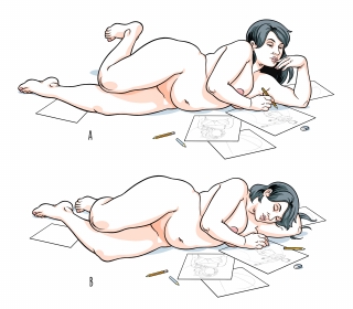 A lying naked woman draws, then falls asleep over her drawings 