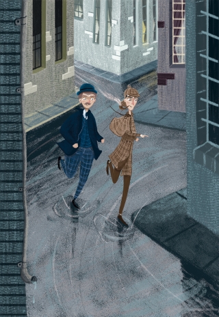 Sherlock Holmes and Doctor Watson running down the streets of London