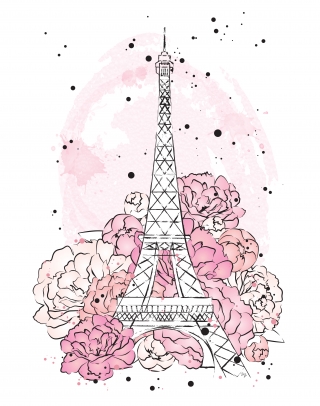 Pink peonies with Eiffel tower and watercolour background