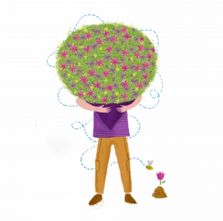 A florist is holding a huge bouquet of colorful flowers, while a bee is flying around him.