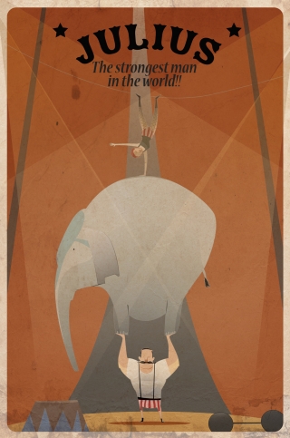 A circus strong man lifting an elephant and an acrobat