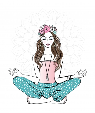 Young pretty woman with flower crown on her head meditating in yoga pose