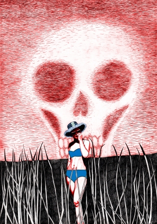 A woman is standing in the sun with a sunhat and a bikini. The sky is has formed a skeleton.