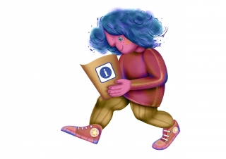 Blue hair character walking, holding a information sheet