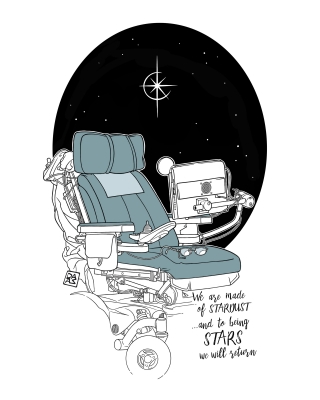 Empty Stephen Hawking's wheelchair on a starry background