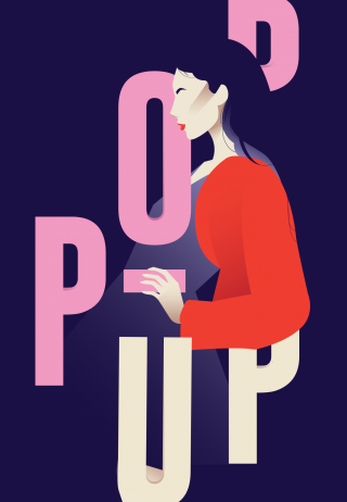 Model woman surrounded by vibrant typography on a poster