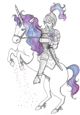 Young knight sipping Unicorn Frappuccino while riding Unicorn's back 