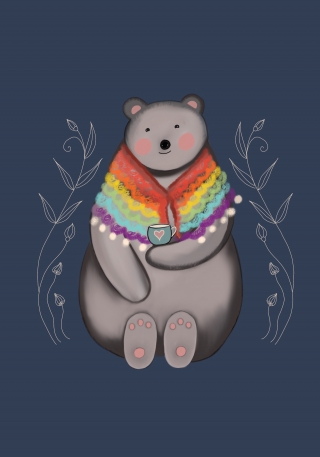 Bear wearing a rainbow shawl holding a tea cup