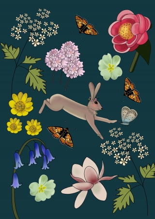 Hare leaping surrounded by flowers and butterflies