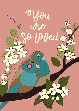 Two lovebirds sitting on a branch with blossom