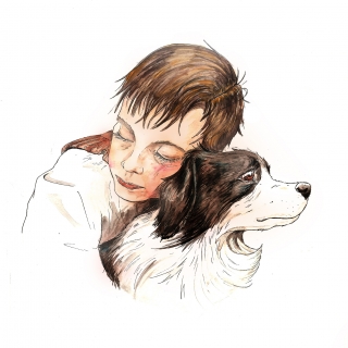 Boy hugging his Border Collie dog 