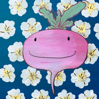 You're so rad(ish)! Happy radish children illustration of a smiling vegetable on blue background