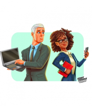 Old white guy and young black woman, iphone vs. laptop editorial illustration