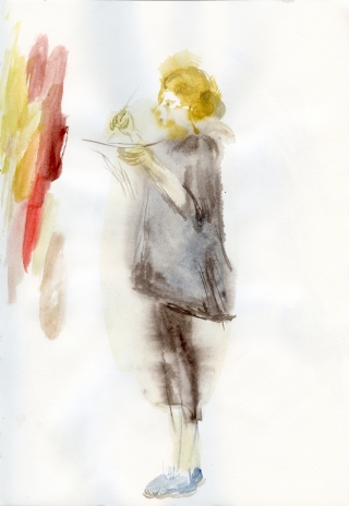 blonde girl painting standing