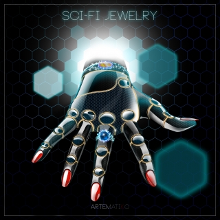 SHI-FI JEWELRY (pleaThe future of Jewelry Could it be an advertisement from the future? The concept for add of futuristic jewels. The robotic hand gets over the time gate from the future to our present.