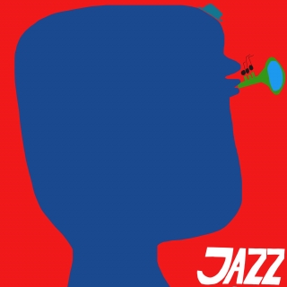 Jazz player with a big head playing on a little trumpet.