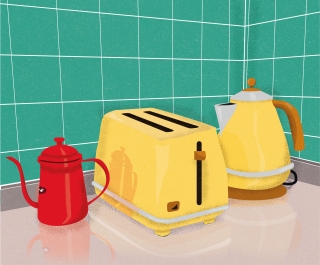 Kitchen tools: Pot, toaster, teapot