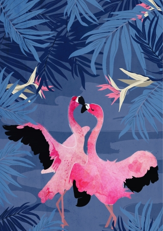 Flamingo Dance in the Blue Jungle Night 