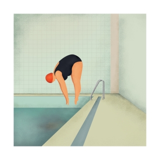 Curvy woman diving into swimming pool