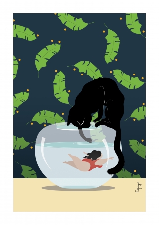 Woman swimming in fishbowl with cat