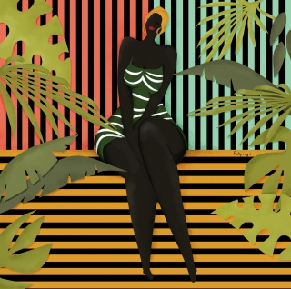 African woman sitting amongst leaves being happy