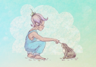 Fairy boy welcomes rabbit into spring