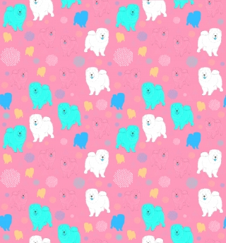 Funny and cute chow chow dog pattern with white and blue smiling dogs on a pink background