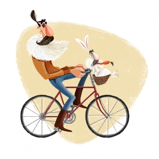 Men riding a bike with a white rabbit