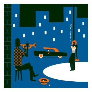 Man playing trumpet in the street for a woman.jpg